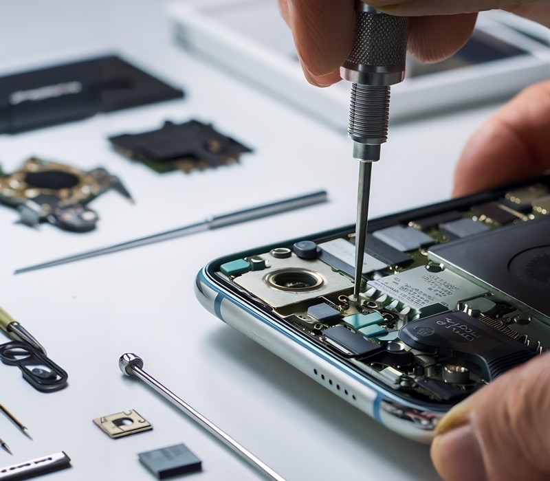 Technicus die het moederbord van een smartphone repareert